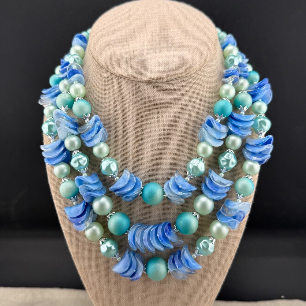 Vintage Beaded Necklace Layered Blue Green Sea Ocean Beach Acrylic 16"